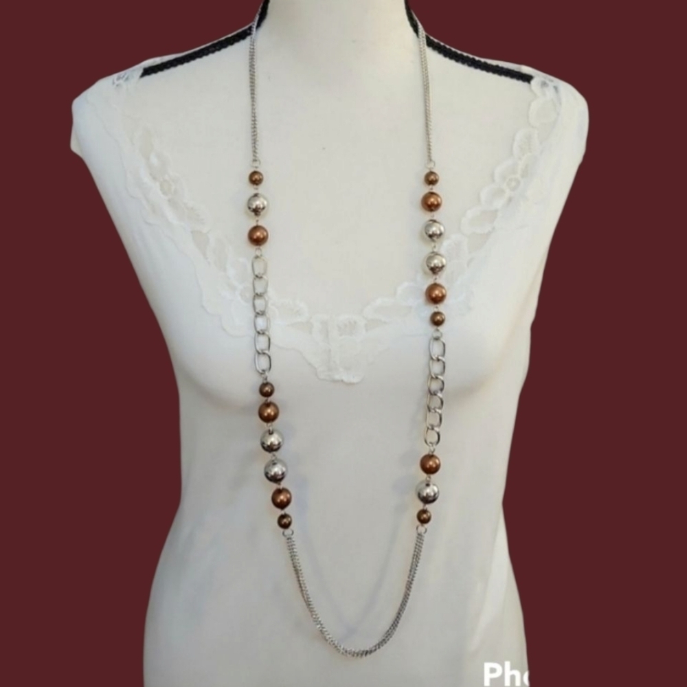 3/$30 VTG Long Bronze Silvertone Metal Beaded Chain Necklace